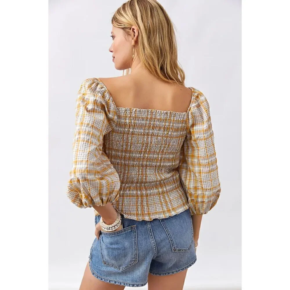 Anthropologie Yellow and White Plaid Puff-Sleeve Square Neck Top